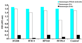 Figure 3. Reactivity of pan-IgG specific monoclonal antibodies with enzymatic fragments of IgG. Control represents a mouse monoclonal antibody (8a4) with anti human pan-IgG specificity